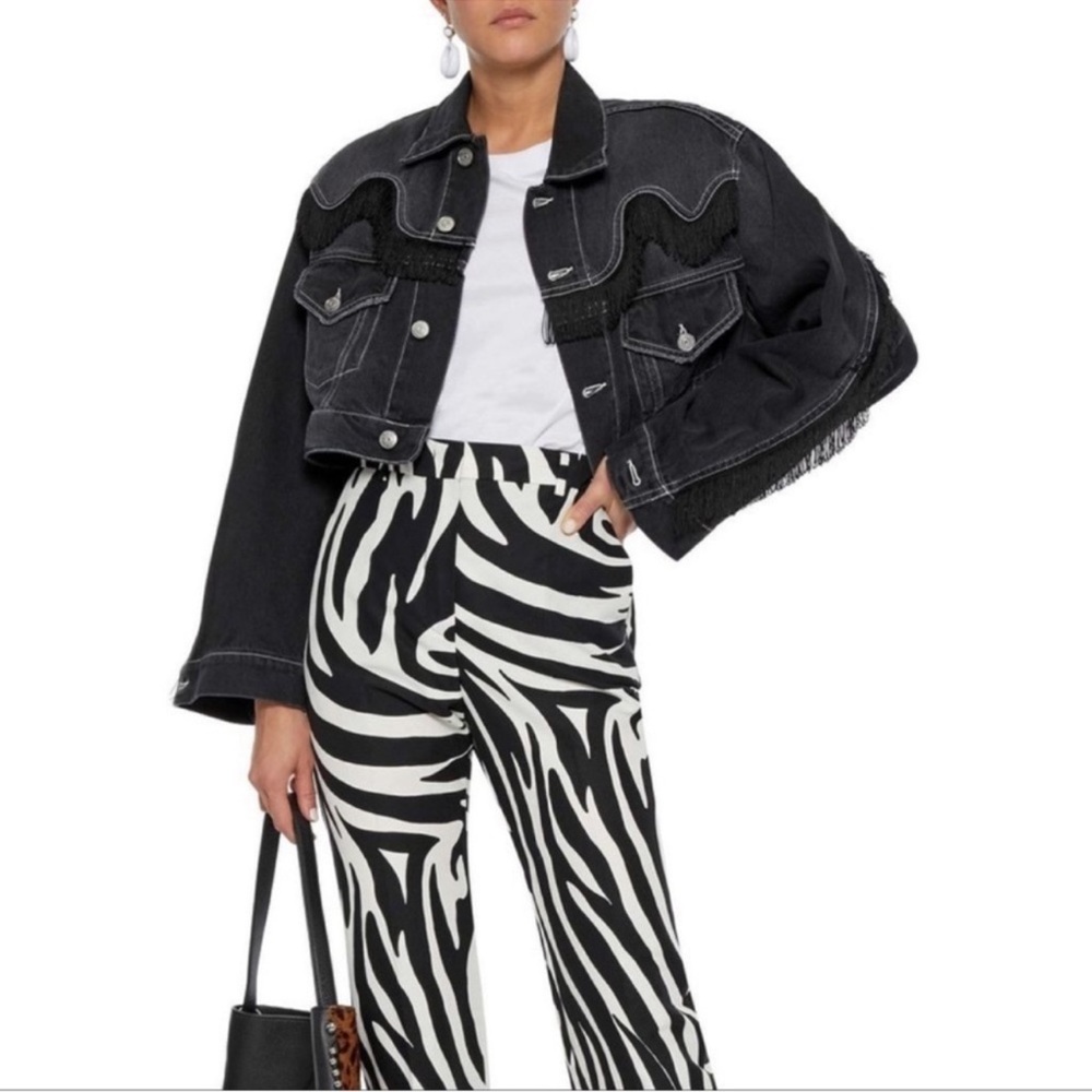 GANNI Black Cropped Denim Jacket - With Fringes , western cropped